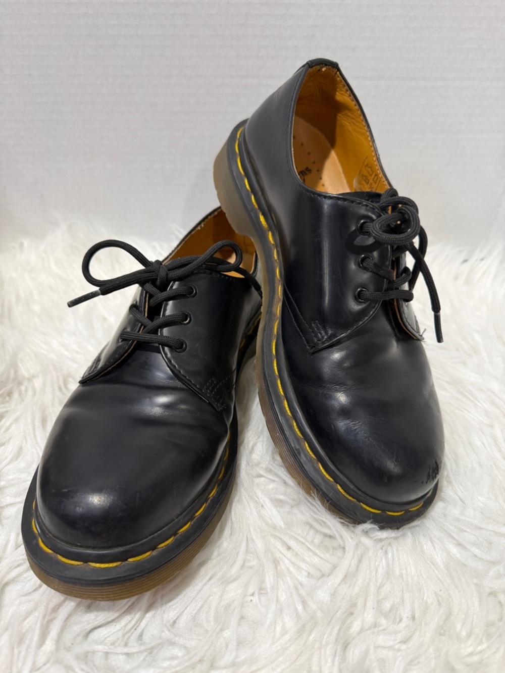 Dr. Martens Black Leather 3-Eye Derby with Yellow Welt Stitching
